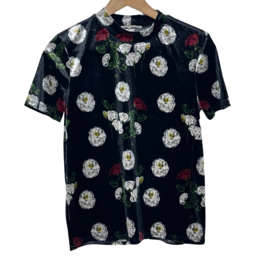 ZARA TRAFALUC | Black Velvet Mockneck Turtleneck Top with Floral Print | Size S